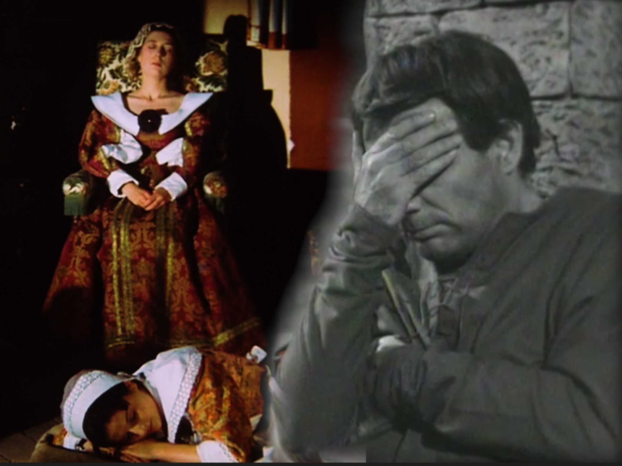 "Aus ihrem Leben geht jede Türe | in einen Dichter | und in die Welt."  [Images from *La Prise de pouvoir par Louis XIV* (Roberto Rossellini, 1966) and *Vita di Dante* (Vittorio Cottafavi, 1965).]